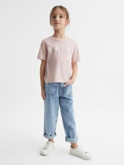 Reiss Pale Pink Bobbi Junior Motif Crew Neck T-Shirt -Reiss 129 951s3