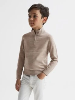 Reiss Wheat Melange Blackhall Junior Zip Up Knitted Jumper