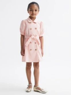 Reiss Pink Naomi Junior Puff Sleeve Belted Dress
