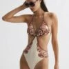 Reiss Tan Natalie Printed Cut-Out Halter Neck Swimsuit