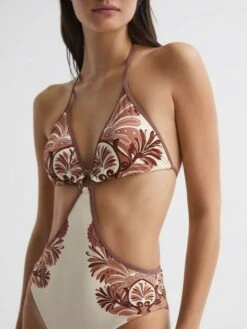 Reiss Tan Natalie Printed Cut-Out Halter Neck Swimsuit -Reiss 758 757s4