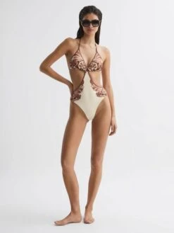 Reiss Tan Natalie Printed Cut-Out Halter Neck Swimsuit -Reiss 758 757s6
