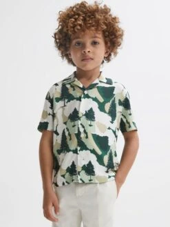 Reiss Green Saxon Senior Cuban Collar Short Sleeve Shirt