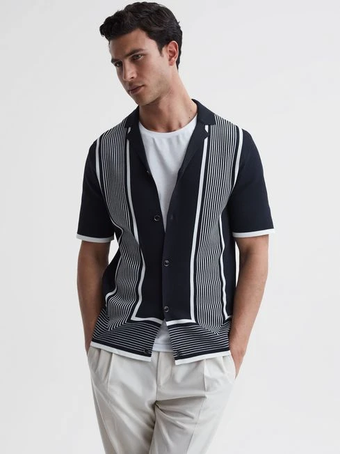 Reiss Navy/White Heath Striped Cuban Collar Shirt 1 Reiss Navy/White Heath Striped Cuban Collar Shirt