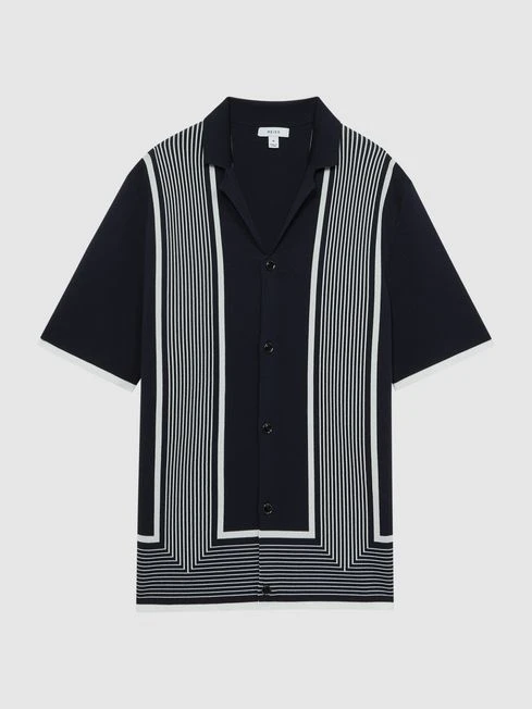 Reiss Navy/White Heath Striped Cuban Collar Shirt 2 Reiss Navy/White Heath Striped Cuban Collar Shirt – Image 2