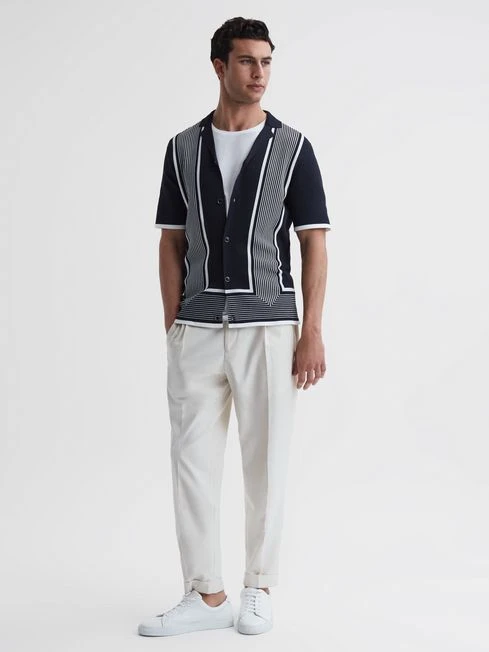 Reiss Navy/White Heath Striped Cuban Collar Shirt 3 Reiss Navy/White Heath Striped Cuban Collar Shirt – Image 3