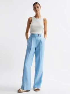 Reiss Blue Hollie Wide Leg Linen Trousers