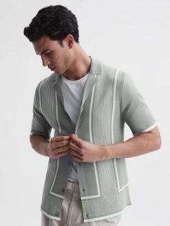 Reiss Sage/White Heath Striped Cuban Collar Shirt