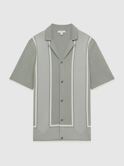 Reiss Sage/White Heath Striped Cuban Collar Shirt 2 Reiss Sage/White Heath Striped Cuban Collar Shirt – Image 2