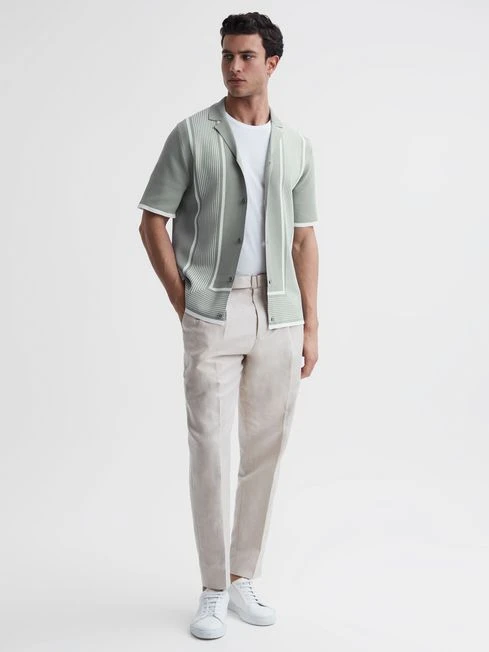Reiss Sage/White Heath Striped Cuban Collar Shirt 3 Reiss Sage/White Heath Striped Cuban Collar Shirt – Image 3