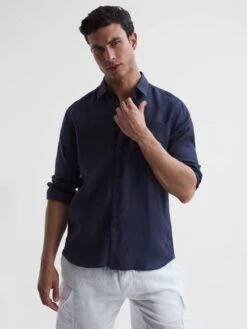 Reiss Navy Caroubis Vilebrequin Linen Shirt 8 Reiss Navy Caroubis Vilebrequin Linen Shirt -Reiss 911 443s3