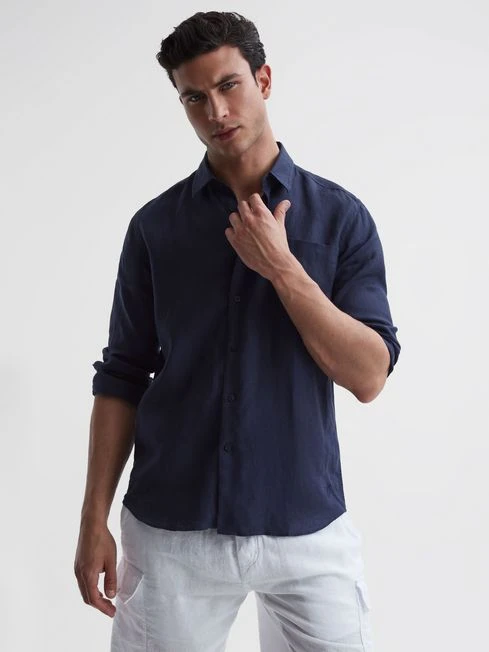 Reiss Navy Caroubis Vilebrequin Linen Shirt 3 Reiss Navy Caroubis Vilebrequin Linen Shirt – Image 3