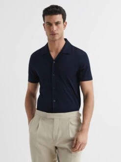 Reiss Navy Caspa Mercerised Jersey Cuban Collar Shirt