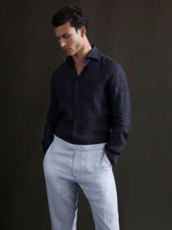 Reiss Navy Ruban Linen Long Sleeve Shirt