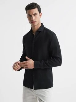 Reiss Black Ruban Linen Long Sleeve Shirt
