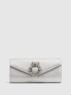 Reiss Off White Delphine Diamanté Buckle Satin Clutch