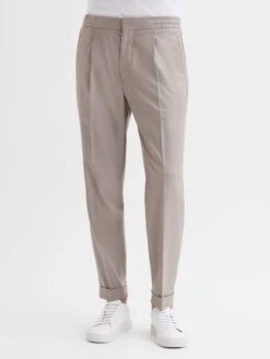Reiss Oatmeal Melange Brighton Pleat Front Trousers