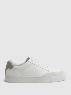 Reiss White/Sage Ashley Perf Leather Contrast Sole Trainers