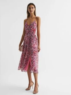 Reiss Pink Pippa Floral Printed Midi Dress