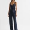 Reiss Navy Emilia V-Neck Linen Jumpsuit