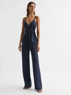 Reiss Navy Emilia V-Neck Linen Jumpsuit