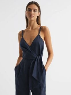 Reiss Navy Emilia V-Neck Linen Jumpsuit -Reiss D46 390s3