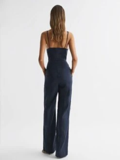 Reiss Navy Emilia V-Neck Linen Jumpsuit -Reiss D46 390s5