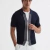 Reiss Navy Castleton Zip Front Striped Polo Shirt