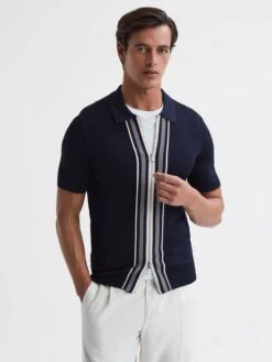 Reiss Navy Castleton Zip Front Striped Polo Shirt