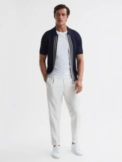 Reiss Navy Castleton Zip Front Striped Polo Shirt -Reiss D50 911s3