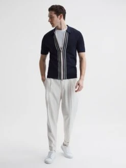 Reiss Navy Castleton Zip Front Striped Polo Shirt -Reiss D50 911s6