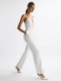 Reiss Ivory Cora Lace Plunge Neck Jumpsuit