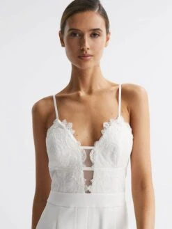 Reiss Ivory Cora Lace Plunge Neck Jumpsuit -Reiss D51 064s3