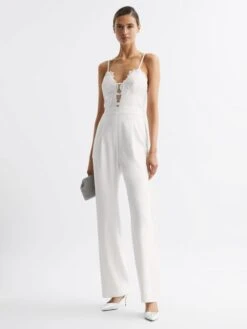 Reiss Ivory Cora Lace Plunge Neck Jumpsuit -Reiss D51 064s6