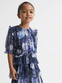 Reiss Blue Print Henrietta Senior Printed Tiered Dress