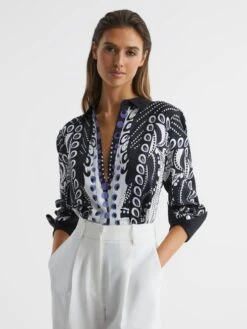 Reiss Navy/White Rose Scarf Printed Shirt