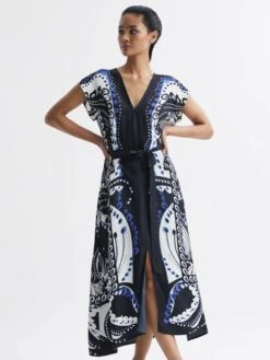 Reiss Navy/White Freja Scarf Printed Midi Dress -Reiss D57 999s3