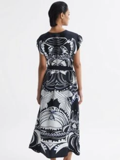 Reiss Navy/White Freja Scarf Printed Midi Dress -Reiss D57 999s5