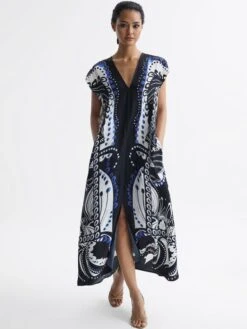 Reiss Navy/White Freja Scarf Printed Midi Dress -Reiss D57 999s6