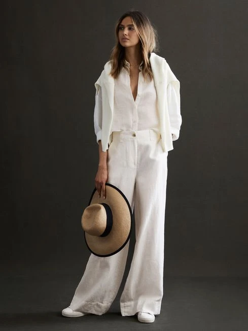 Reiss White Demi Linen Wide Leg Garment Dyed Trousers 1 Reiss White Demi Linen Wide Leg Garment Dyed Trousers
