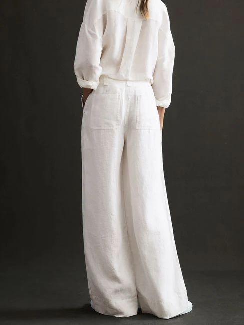 Reiss White Demi Linen Wide Leg Garment Dyed Trousers 3 Reiss White Demi Linen Wide Leg Garment Dyed Trousers – Image 3