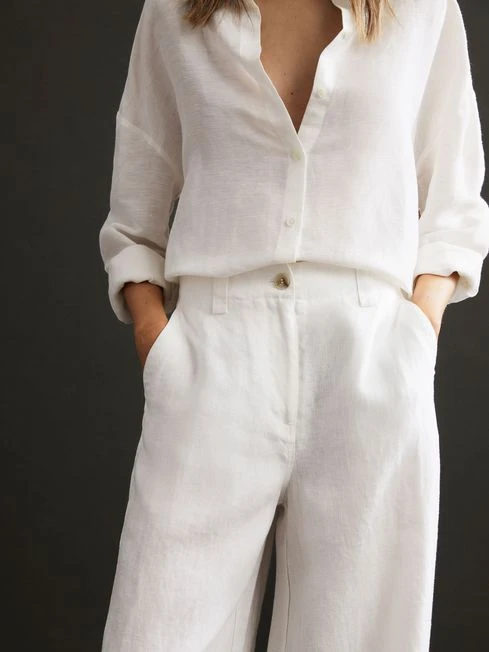 Reiss White Demi Linen Wide Leg Garment Dyed Trousers 4 Reiss White Demi Linen Wide Leg Garment Dyed Trousers – Image 4