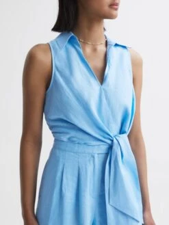 Reiss Blue Suki Sleeveless Linen Playsuit -Reiss D68 888s3