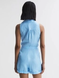 Reiss Blue Suki Sleeveless Linen Playsuit -Reiss D68 888s4