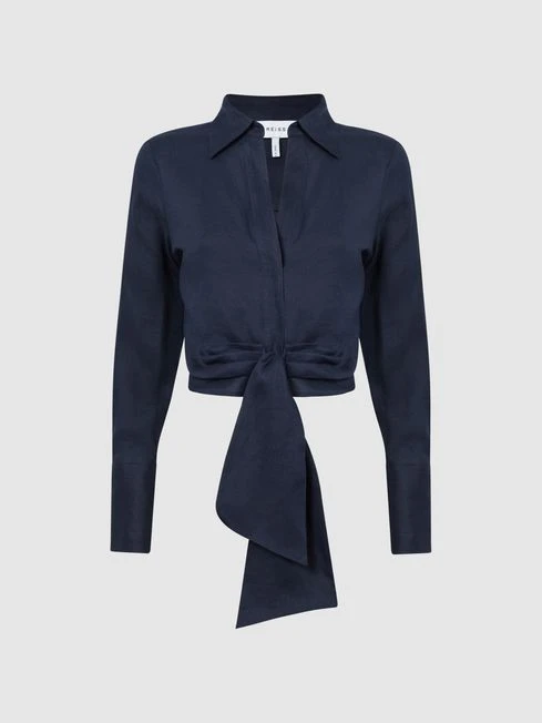Reiss Navy Dahlia Linen Cropped Tie Front Blouse 2 Reiss Navy Dahlia Linen Cropped Tie Front Blouse – Image 2