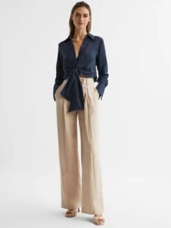 Reiss Navy Dahlia Linen Cropped Tie Front Blouse 8 Reiss Navy Dahlia Linen Cropped Tie Front Blouse -Reiss D68 902s3