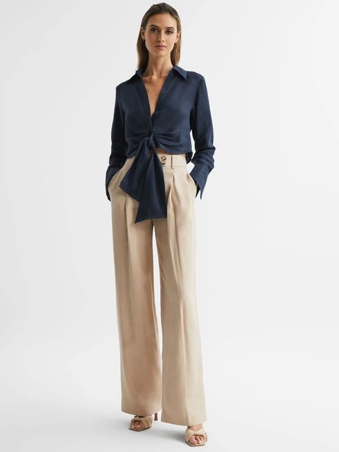 Reiss Navy Dahlia Linen Cropped Tie Front Blouse 3 Reiss Navy Dahlia Linen Cropped Tie Front Blouse – Image 3