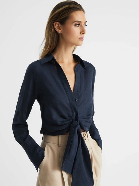 Reiss Navy Dahlia Linen Cropped Tie Front Blouse 4 Reiss Navy Dahlia Linen Cropped Tie Front Blouse – Image 4