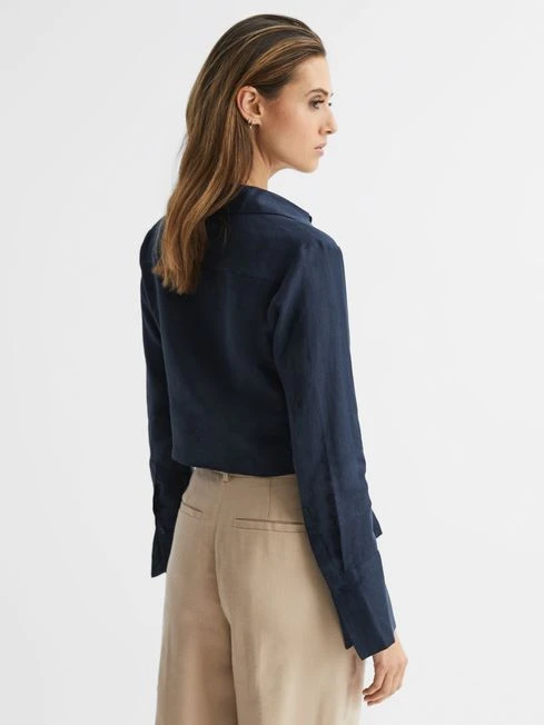 Reiss Navy Dahlia Linen Cropped Tie Front Blouse 5 Reiss Navy Dahlia Linen Cropped Tie Front Blouse – Image 5