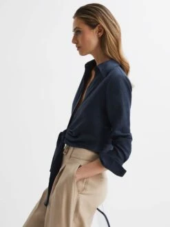 Reiss Navy Dahlia Linen Cropped Tie Front Blouse 11 Reiss Navy Dahlia Linen Cropped Tie Front Blouse -Reiss D68 902s6